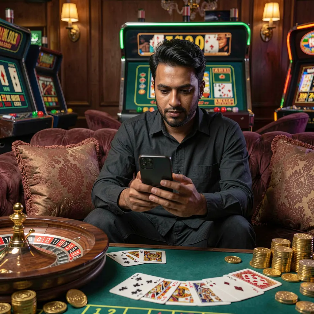 Focused Bangladeshi player using the 9D999 casino app on his phone while sitting on a sofa surrounded by roulette wheels cards and gold coins