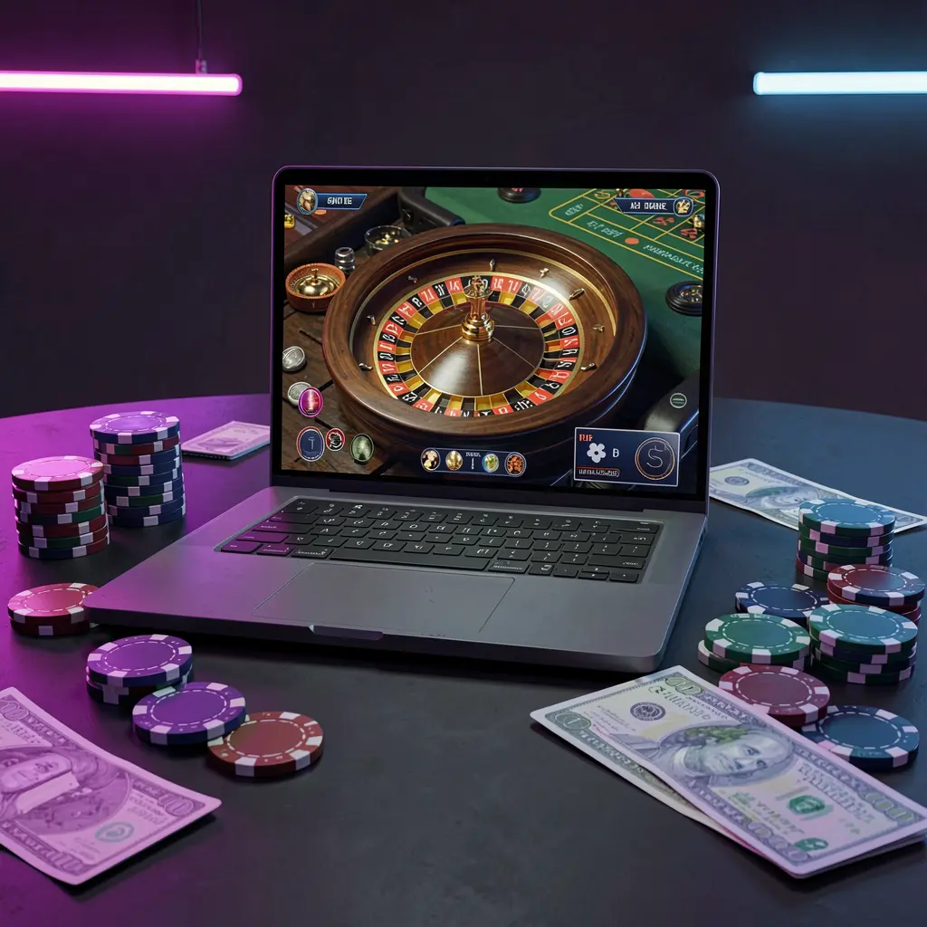 A sleek laptop displaying a vibrant roulette wheel surrounded by casino chips and cash in a neon lit atmosphere highlighting the premium online gaming experience at 9D999