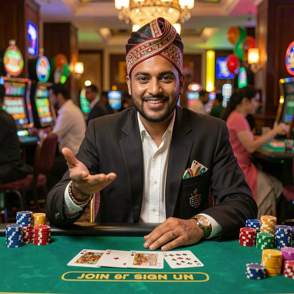 Stylish Bangladeshi casino dealer welcoming players at a vibrant gaming table with cards and chips representing the 9D999 login experience