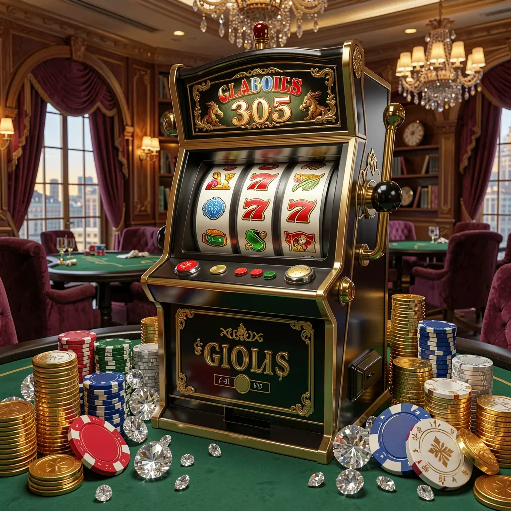 Elegant golden slot machine with triple lucky sevens and scattered casino chips representing high quality slot gaming at 9D999 for players in Bangladesh